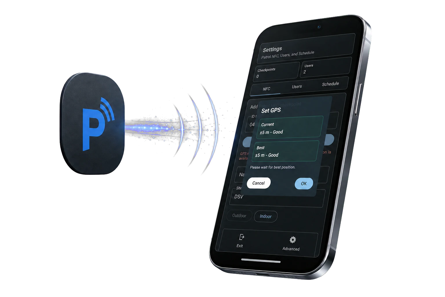 Telefon z aplikacijo Patrola ob skeniranju NFC nalepke z logotipom Patrola